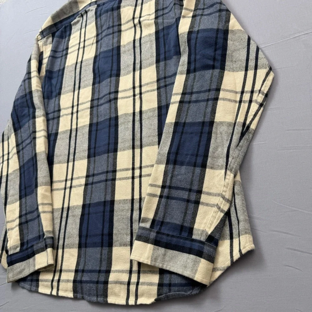 J. Crew Mid-Weight Flannel Shirt Men XLT Blue Cream Plaid Double Brushed Classic